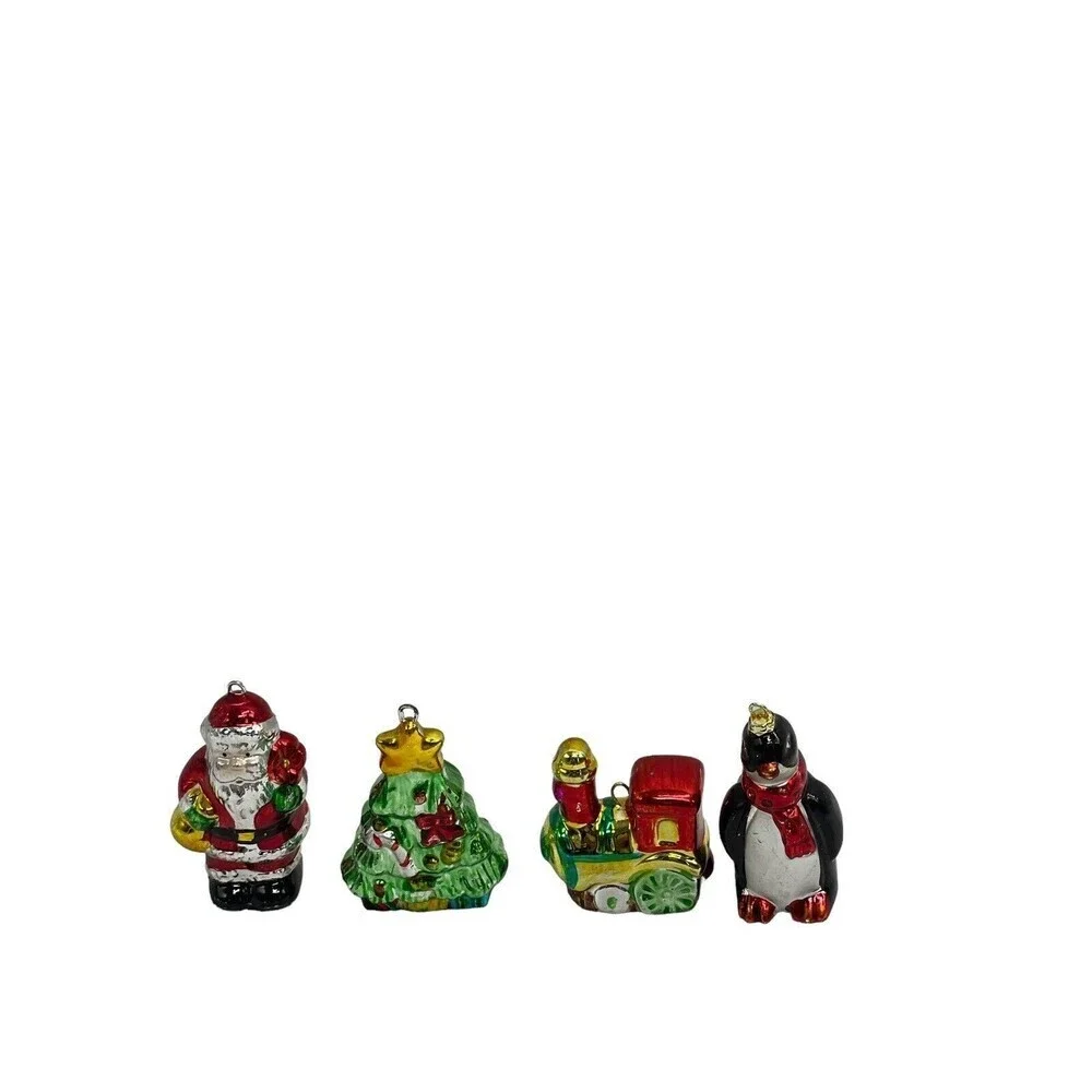 Vintage Glass Santa Holding Doll and Gifts Tree  Penguin Metallic Paint